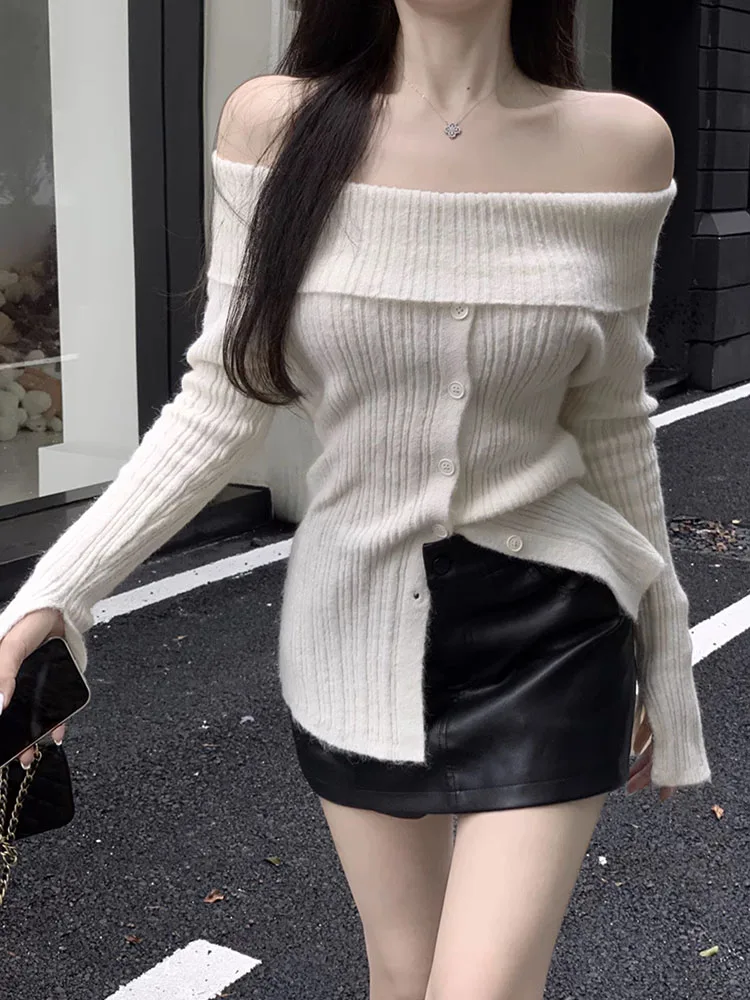 Zoki Chic Slash Neck Sweaters Women Sexy Off Shoulder Elegant Knitted Pullovers Korean Long Sleeve Sweet Female Fashion Jumpers