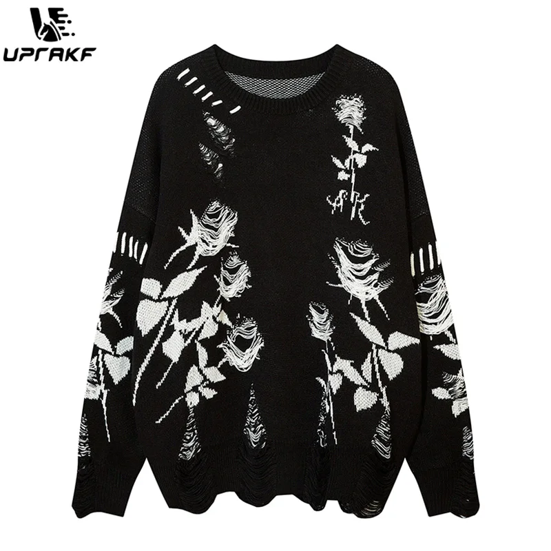 UPRAKF Ripped Vintage Flower Sweater Autumn Winter Fashion Streetwear Pullover Casual Long Sleeve Loose Knitted Jumper