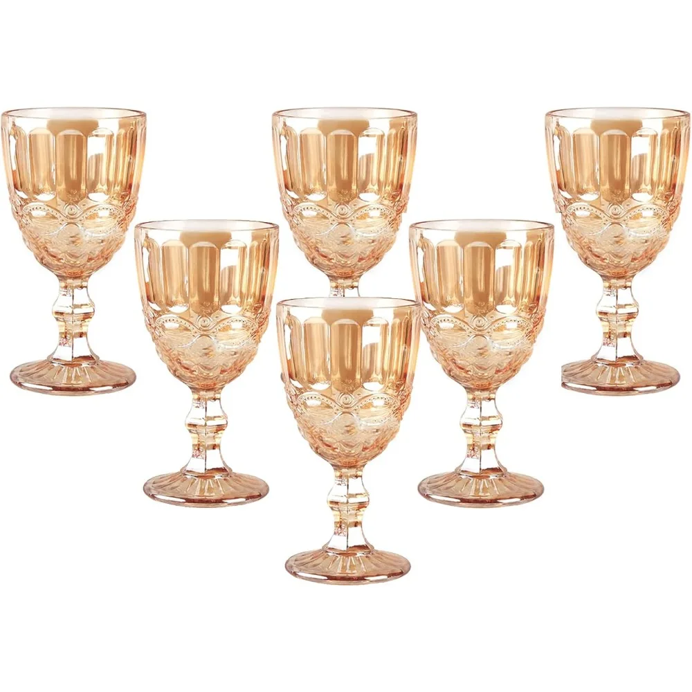

Set of 6 Vintage-Style 10oz Colored Glass Wine Glasses with Embossed Pattern and Clear Stems for Weddings