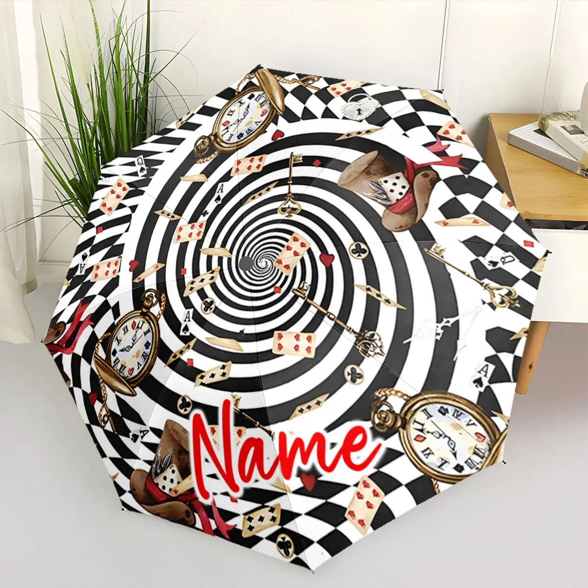 Custom Name Unique Spiral Design Umbrella with Playing Cards Print 8 Iron Ribs Folding Umbrella Auto-Open Fashion Sunshade