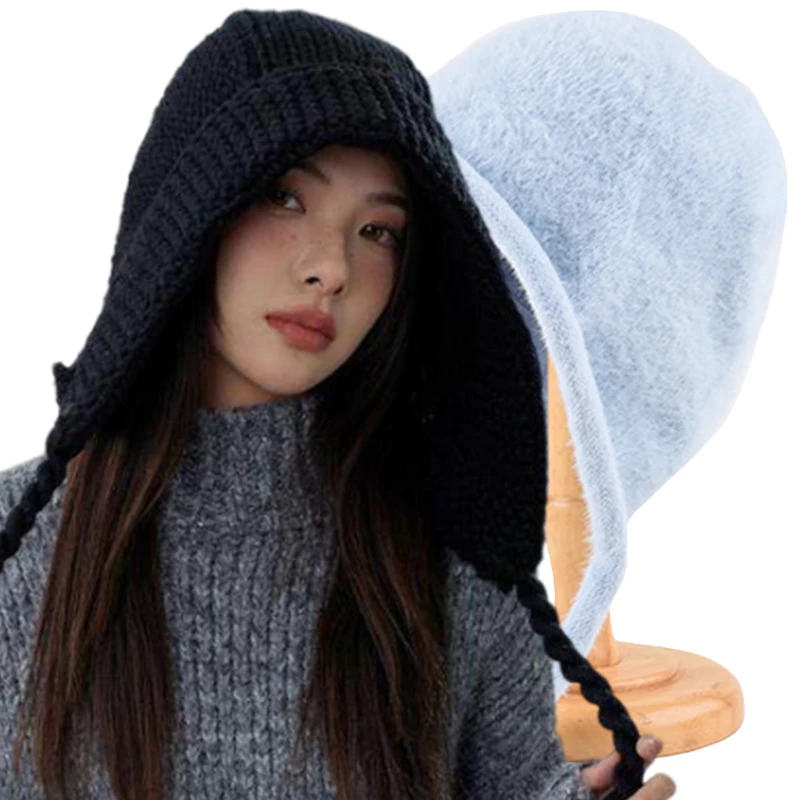 Gorros de punto para mujer, gorro de estilo japonés, protección térmica para las orejas, corbata, Skullies Pullover, accesorios para mujer