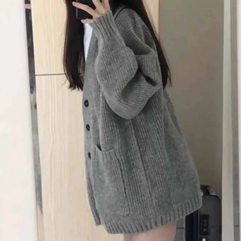 Korean Fashion Female Red Lazy Wind Loose Fitting V-neck Cardigan Knitting Sweater Women New Korean Cardigans Knitwear Tops Coat