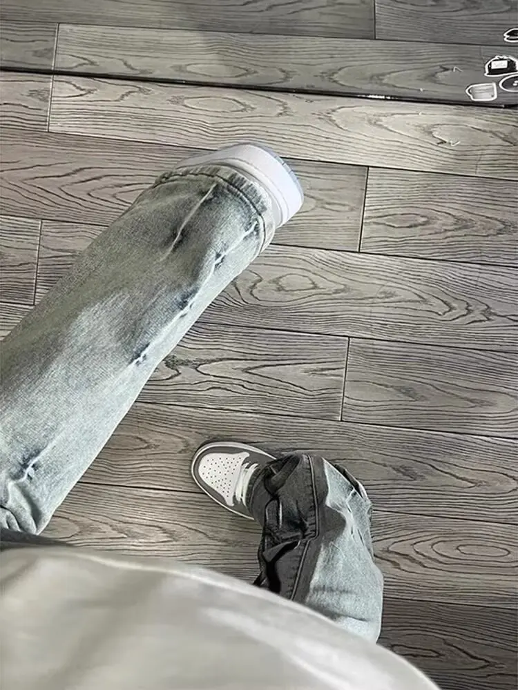 

Waed Mud Slim Straight Jeans Men's Loose Elastic Flared Long Trousers American High Street Vibe Casual Pants Summer Youth