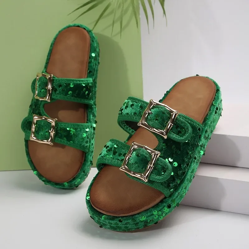 Sandal datar Platform wanita Bling merek sepatu musim panas 2025 baru sandal kasual mewah sandal jepit pantai sandal selempang