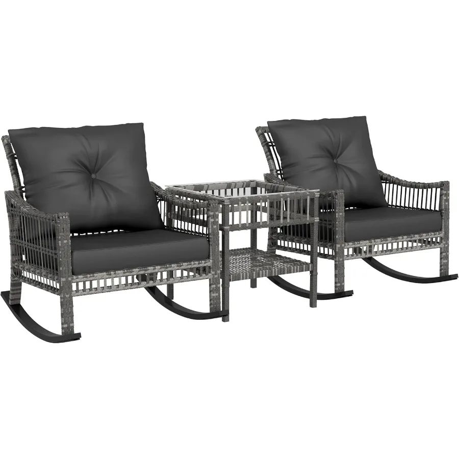

Outsunny Wicker Outdoor Rocking Chair Set 3 Piece Patio Furniture Set with Padded Cushions and Storage Coffee Table 2-Seater PE