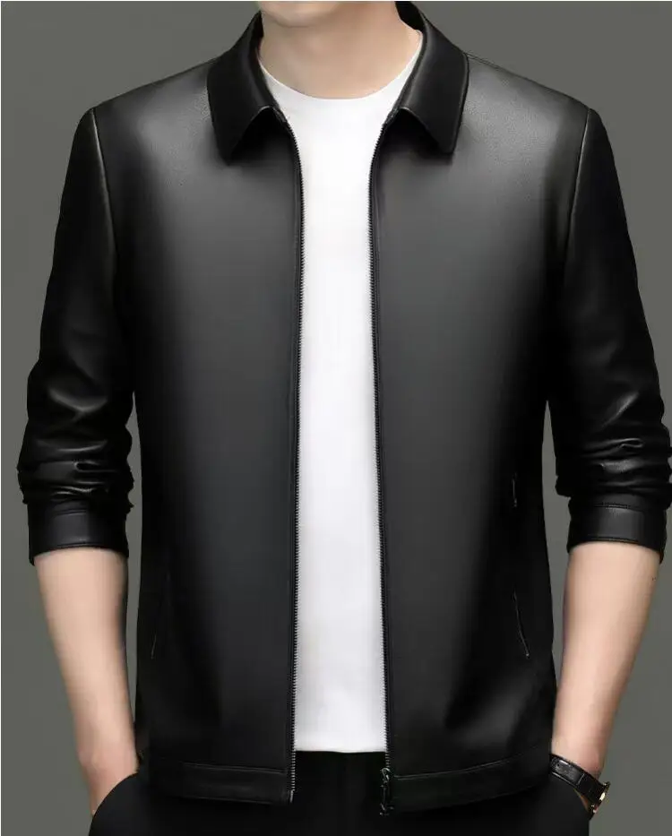 

585 New Spring And Autumn Men's Turn down Collar Leather Jacket Thin Leather Jacket Business Casual Zipper Collar Leather Jacket