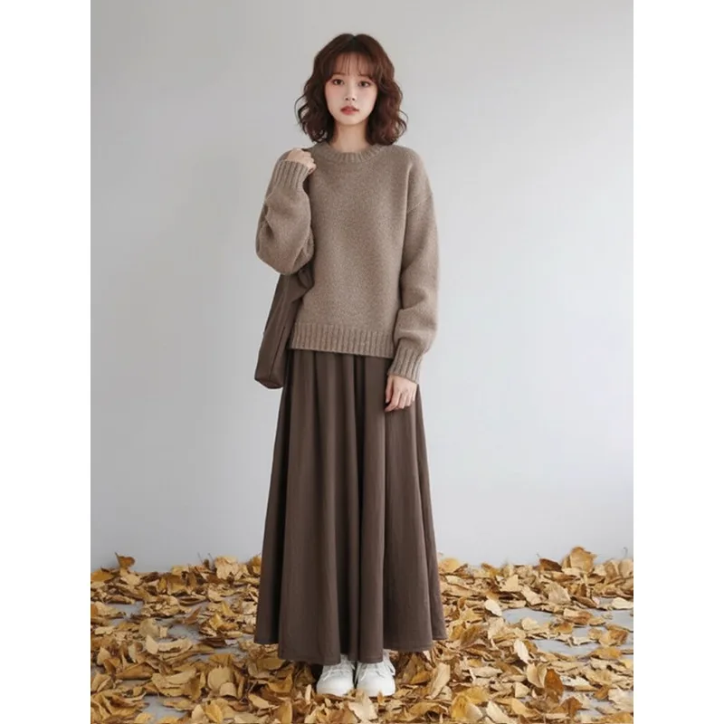 2025 겨울 니트 드레스 여성용 하이웨이스트 롱 슬리브 라운드 네일린 아메리칸 스타일 패셔너블 한국 감성 가운