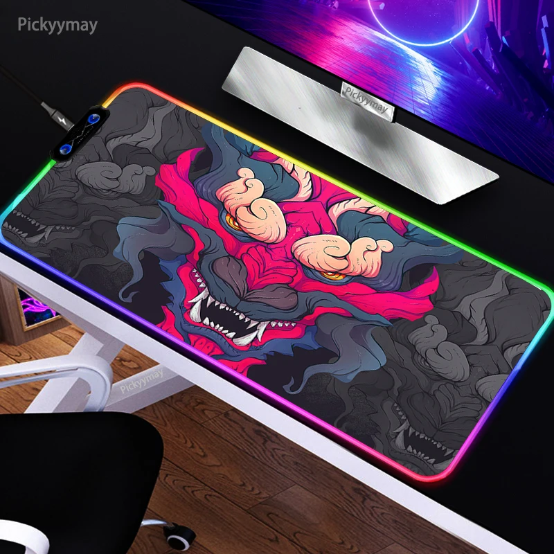 RGB Gaming Mousepad Japan Oni Mouse Mats LED Large Gamer Mousepads XXL Keyboard Pads Luminous Desk Mat Mouse Pad Backlit