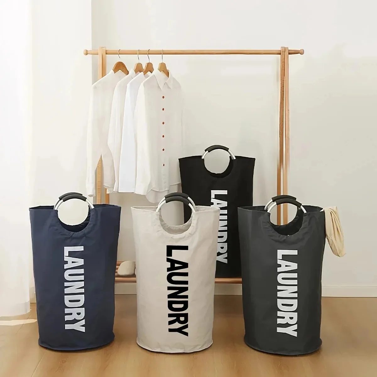 Grande saco de lavanderia de tecido oxford, cesta de roupas sujas dobrável com alças de esponja, organizador de armazenamento de brinquedos multifuncional