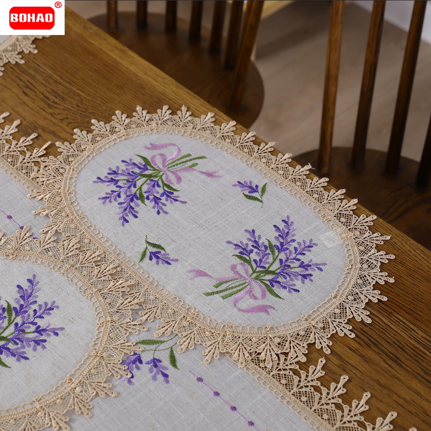 4 pezzi BOHAO Tablemat Set di lusso tovaglia ovale rettangolare in pizzo ricamato lavanda per tovaglietta in lino per tovaglietta da pranzo per feste