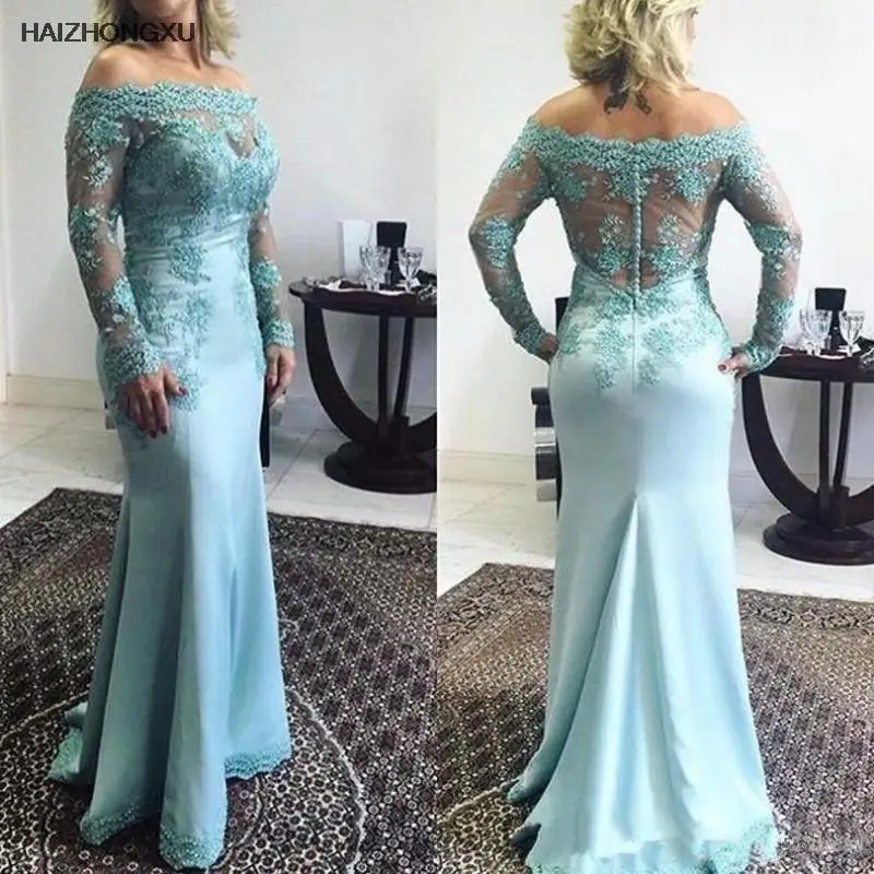 

Mother of the Bride Dresses 2021 Off the Shoulder Long Sleeve Plus Size Lace Mermaid Sky Blue Bridal Gowns Vestidos De Noiva