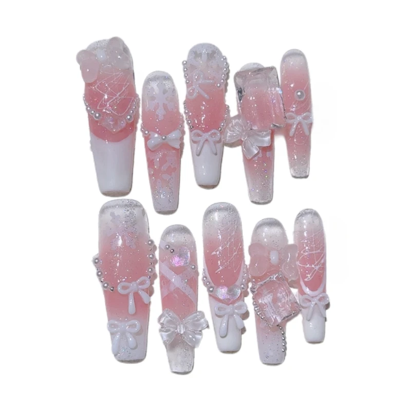 10 pièces doux rêveur fait à la main presse sur les ongles perle flocon de neige arc dentelle Lolita français faux ongles amovibles réutilisables