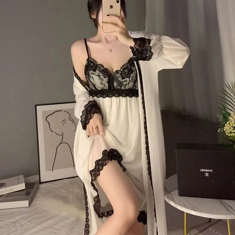 Hot Women Sexy Sling Lingerie Nightwear Robegown Set Babydoll Attractive Sexy Lace Mesh Dress Female 2 Pcs Pajamas Home Clothing