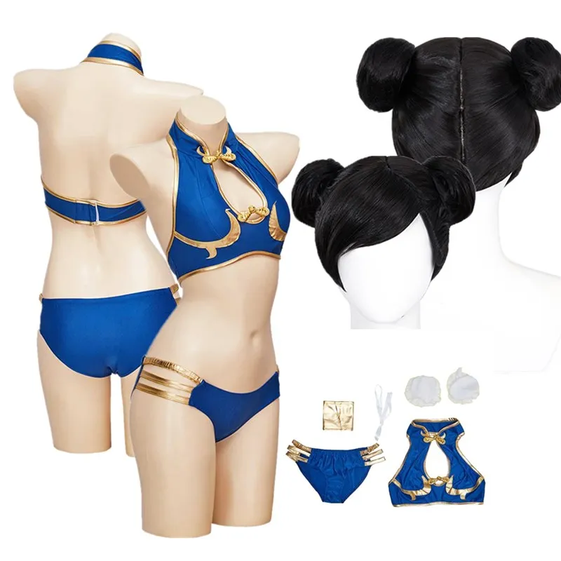 Volwassen Chun Li Badpak Cosplay Game Vechter Kostuum Vrouwen Bikini Badmode Pruik Outfits Halloween Carnaval Feest Vermomming Pak