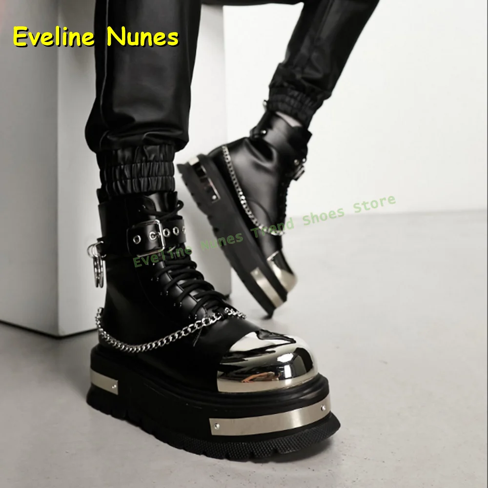 

Black Chain Platform Motorcycle Boots Round Toe Thick Sole Metal Decoration Belt Buckle Punk Dark Ankle Boots 2025 New Arrivals
