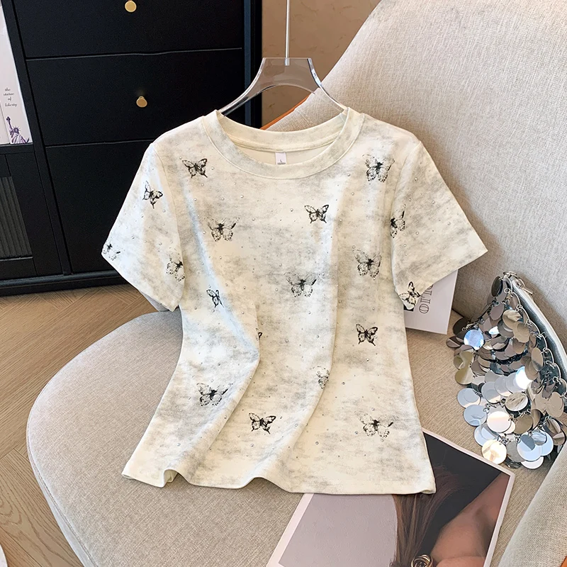 Diamond Bow Printed Women's Vintage T-Shirt Trendy Cute Coquette Tee Shirt Short Sleeve Cottagecore Aesthetic Tops Female Cloth