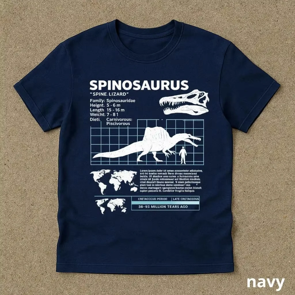 Spinosaurus Dinosaur Fact Infographic Graphic T‑shirt Unisex Cotton Oversized Short Sleeve Dino Lover Casual Streetwear Tops