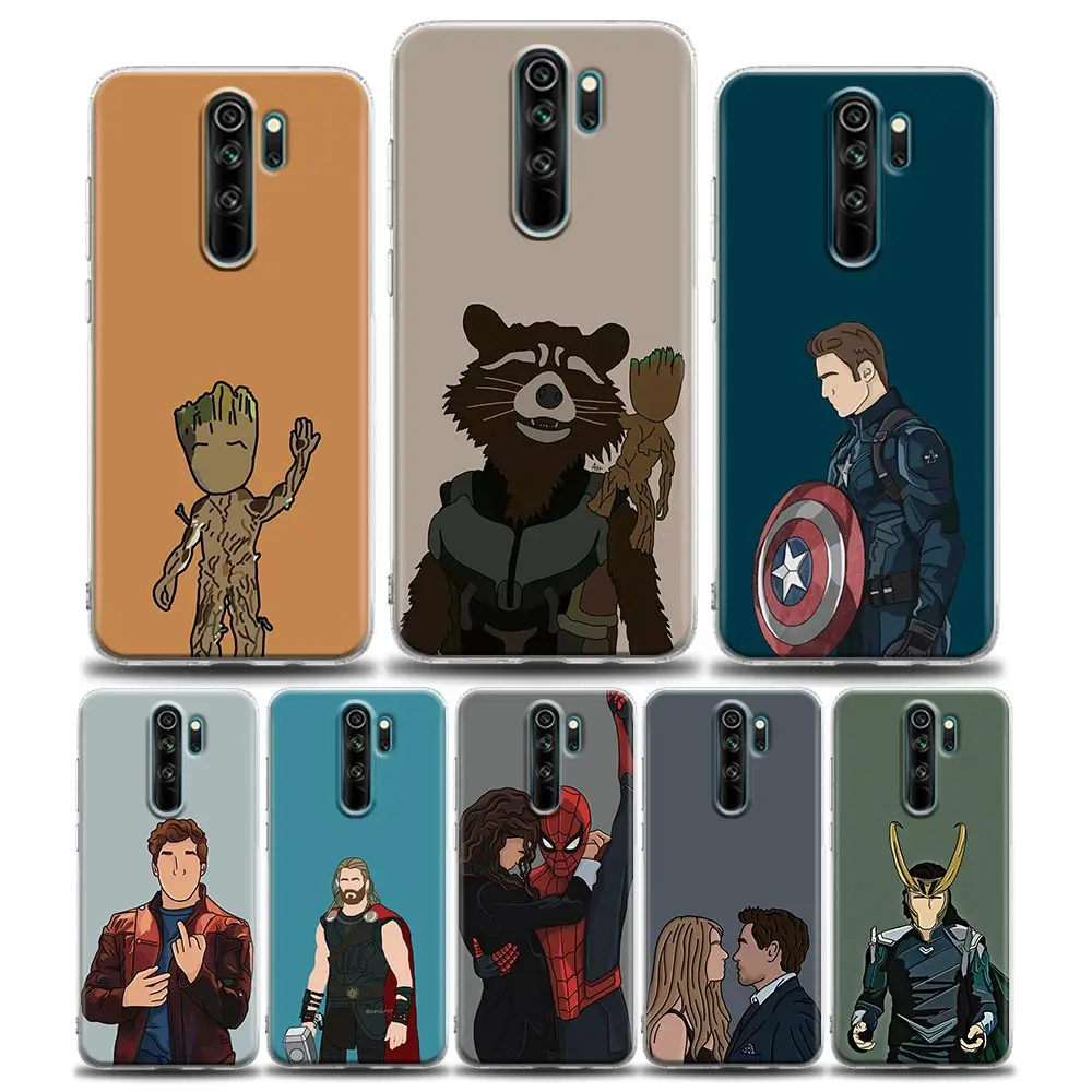 Faceless Marvel Raccoon Groot Case For Xiaomi Redmi Note 12Pro 11 10 9 8 12 Pro Plus 7 9s 10s 11s 11T Cases Clear Cover Avengers