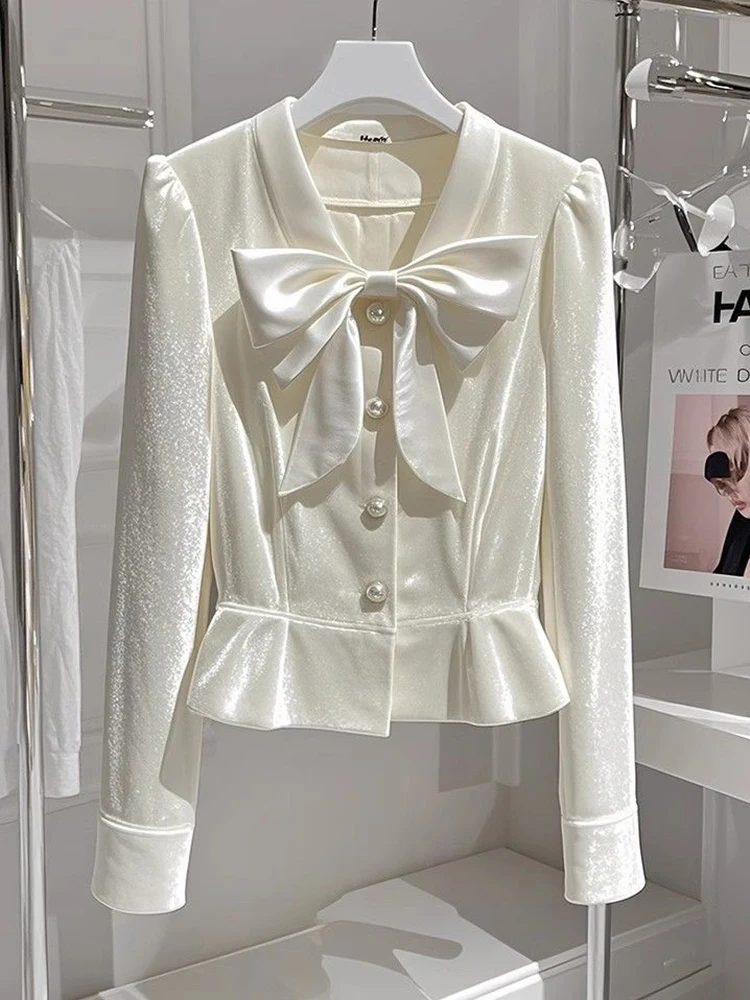 

Chic Bow Velvet Elegant Shirt Women Slim Long Sleeve V Neck Fashion Blouse Korean Casual Fall Single Breasted Female Sweet Tops