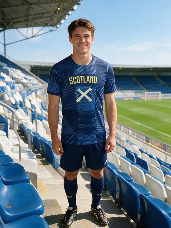 Deep‑blue plaid‑textured Scotland football jersey with vintage saltire emblem carries deep‑rooted national pride