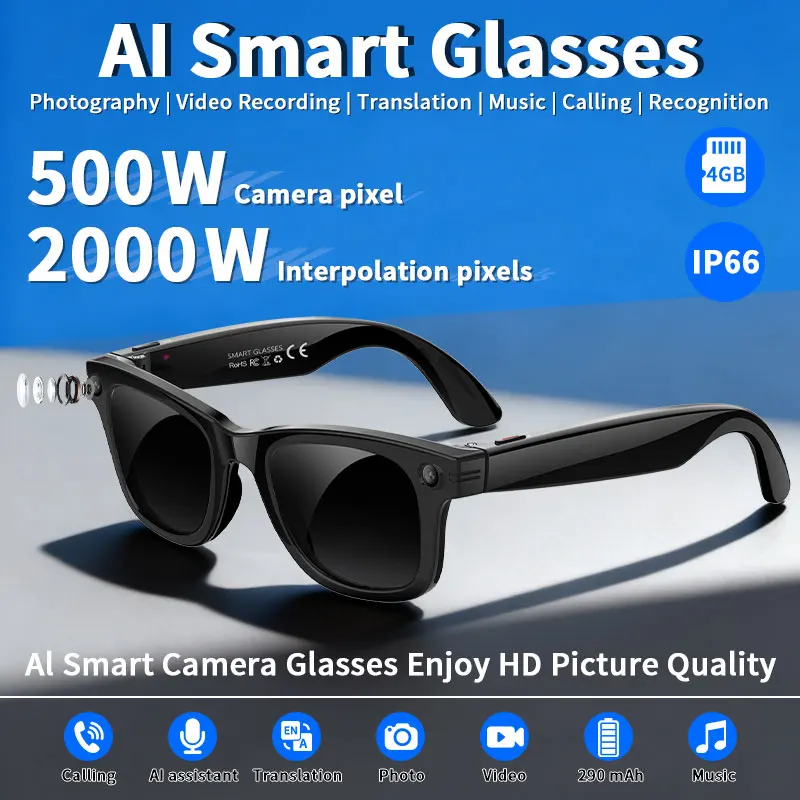 

AI Smart Glasses 5MP Camera Video Recording AI Photo Recognition Answer Sunglasses Bluetooth Call Music Anti-blue Light Glasses