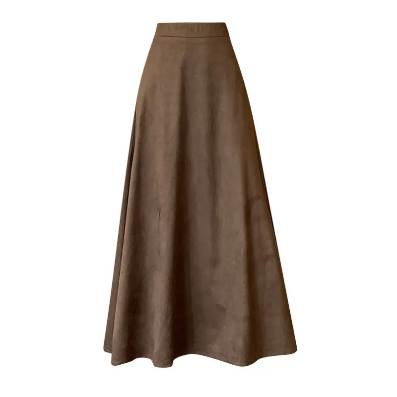 Qiukichonson Mid Long Skirts Womens Suede Skirt 2025 Autumn Winter Korean Vintage High Waist A-Line Coffee Black Skirts rok