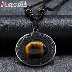 New Vintage Tiger Eye Stainless Steel Pendant Neckalce Natural Stone Beads Weaving Rope Healing Necklaces Jewelry Gift N3620S04