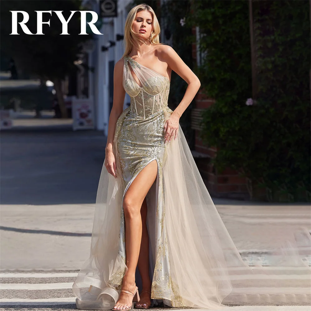 RFYR Green Prom Dress One Shoulder Evening Party Dress Trumpet Split Floor Length Elegant Vestido Sequins Party Gowns Customized