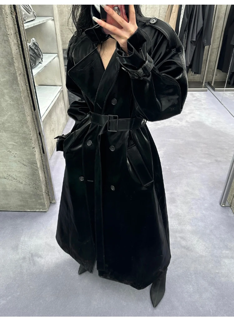 Lautaro Spring Autumn Extra Long Oversized Cool Reflective Shiny Black Patent Leather Trench Coat for Women Belt Runway Fashion