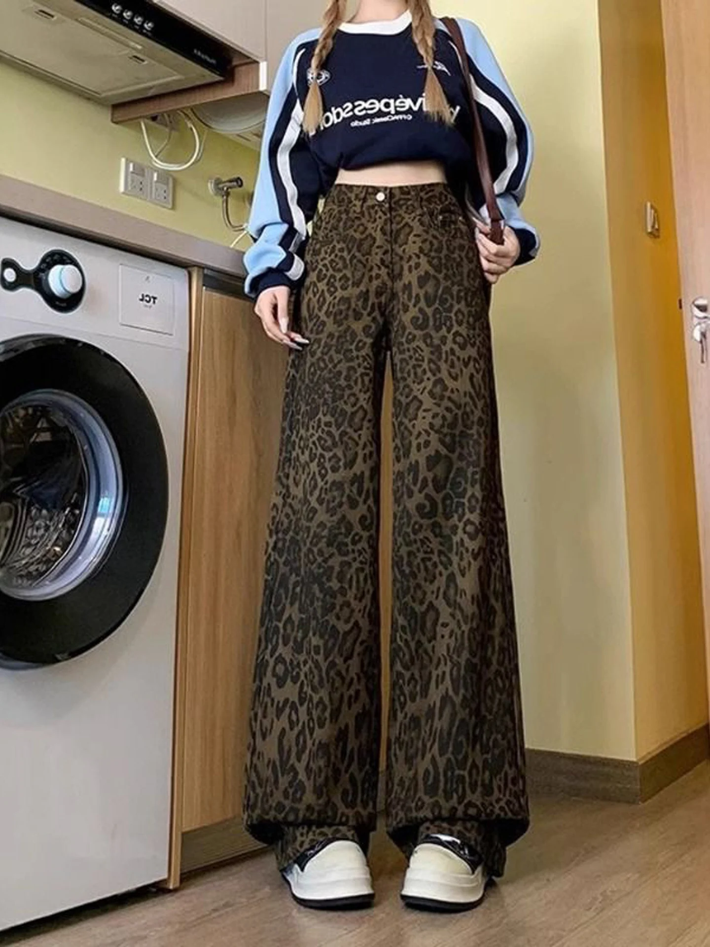 American Style High Waist Wide Leg Denim Pants Women's Loose Straight Long Trousers Fall New Arrival Leopard Print Casual Jeans