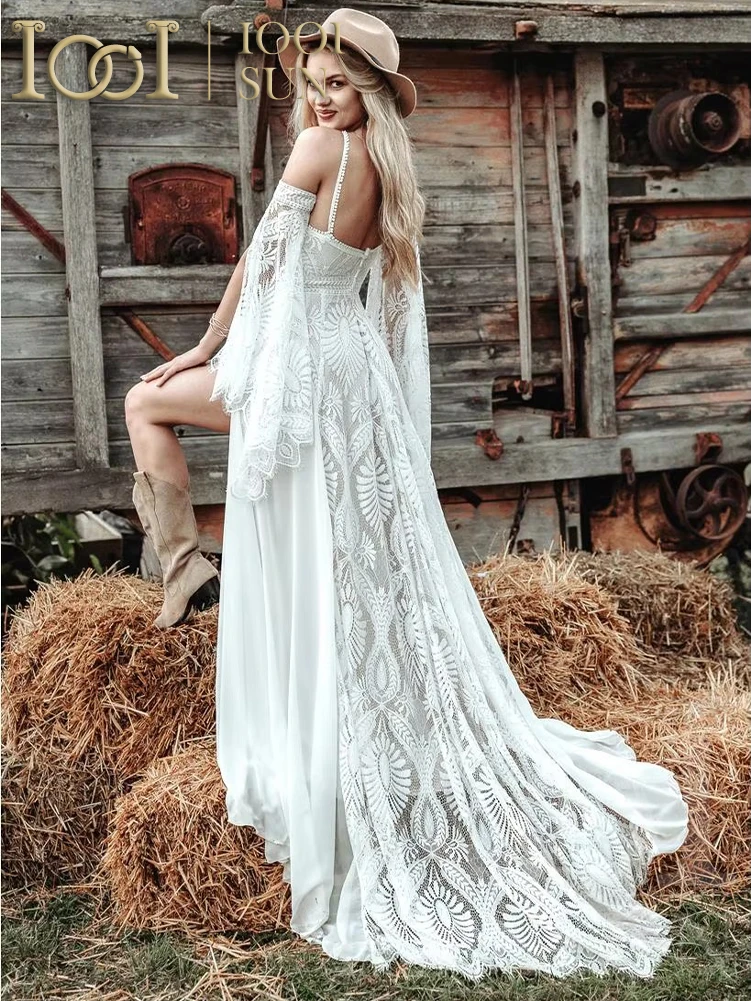 IOOISUN Bohemian Chic Civil Bridal Dress Hippie Crochet Lace Wedding Dress With Slit Gatsby Elvish Bride Gown Customized