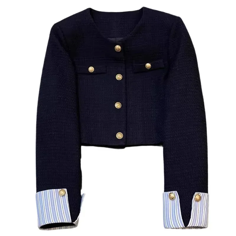 Korean navy small fragrance suit jacket women's autumn and winter new fashion temperament stitching design casual Joker top.
