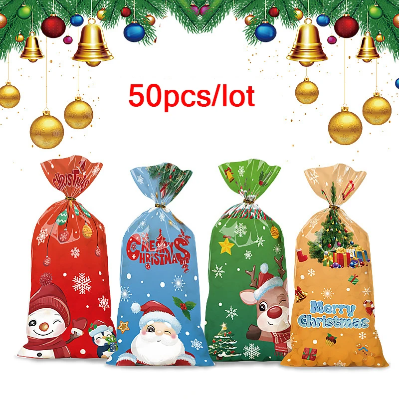 50 Pcs Santa Claus Snowman Mixed Candy Bags Plastic Gift Bag Merry Christmas 2024 Home Decor For Christmas New Year Party