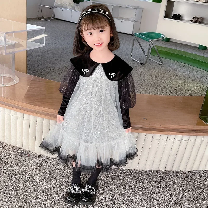 Girl Tulle Sequin Dress Children Birthday Party Ball Gown Princess Fashion Long Sleeve Bow Dresses for 2 4 6 8 10 Years Old Kids