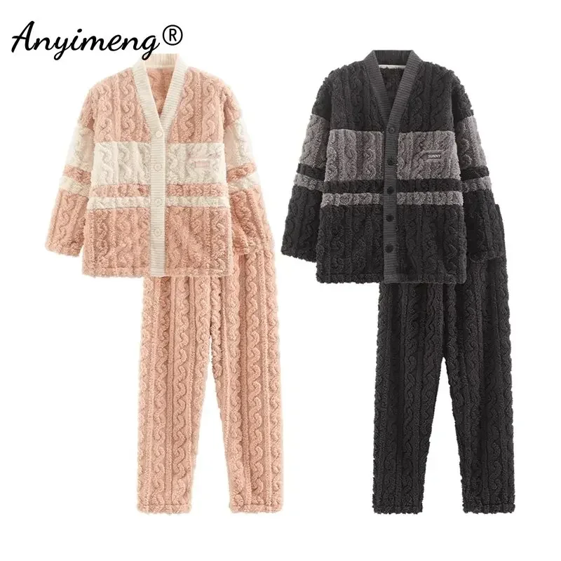 New Winter Thick Pajamas Set for Couple Korean Teddy Jacquard V-neck Sleepwear for Man and Women Kimono Velvet Pjs for Lovers