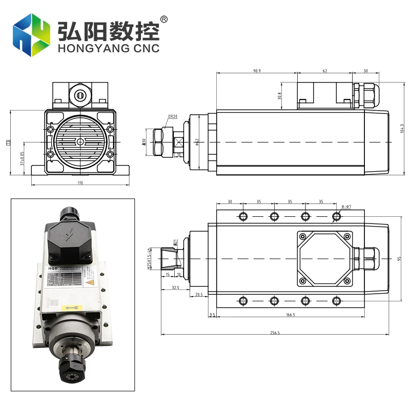 HQD 2.2KW 220V moteur de broche carrée refroidi par Air avec bride ER20 4 roulements trou latéral perceuse Machine de découpe moteur