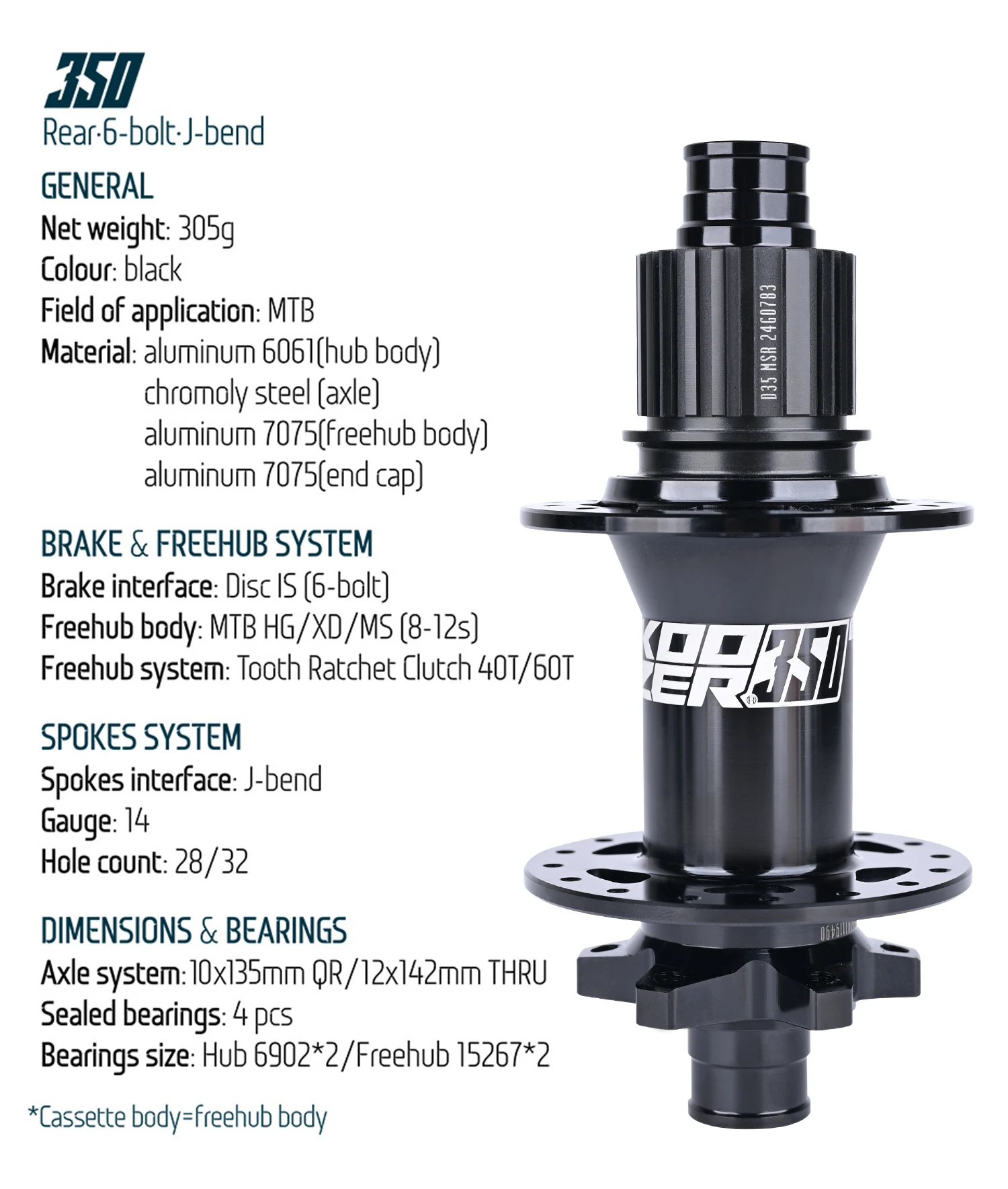 Koozer 350 Boost 40T/60T Ratschen-Fahrradnabe 11–12 Gänge HG XD 28H 32H Cr-Mo-Stahlachsen 5×141 QR 15×110 12×148MM MTB-Fahrradnabe – Detail 6