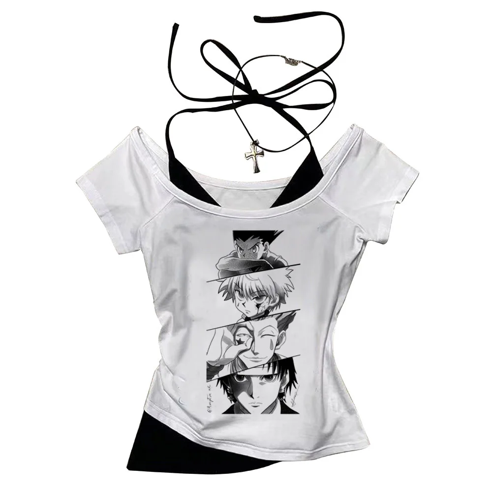 Hunter x Hunter Killua Zoldyck Hisoka Kurapika Gon crop top Grunge Fairy 2000s Aesthetic Slim Fit Cute summer cute teens tees