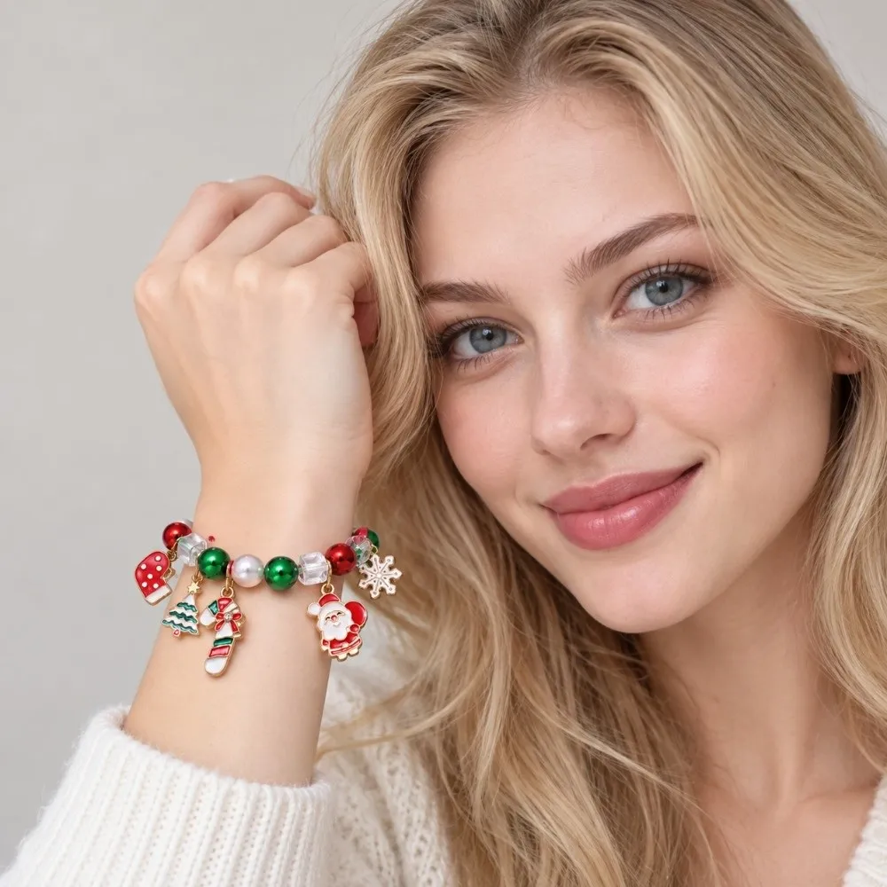 Red Green Christmas Beaded Bracelet Faux Pearls Elastic Cord Snowflake Tree Charm Crystal Multi Layer Crystal Xmas Bangle