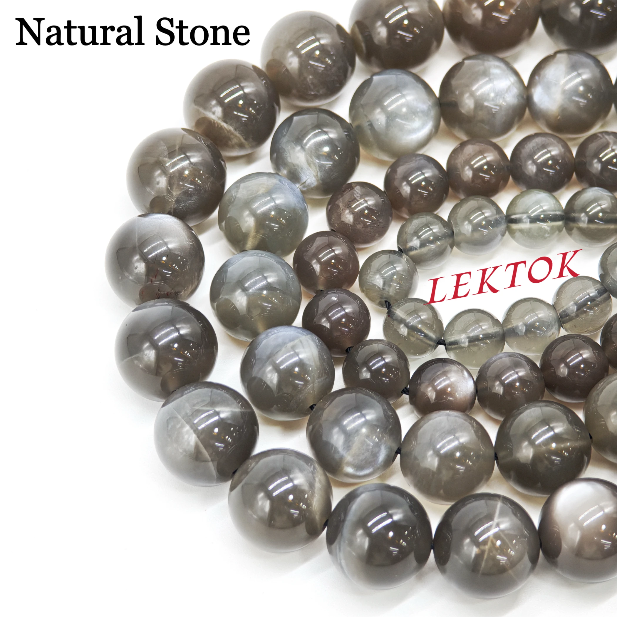 Natural Gray Moonstone, round loose beads sized 6 - 12mm. Bulk discounts available. For DIY jewelry lovers & collectors.