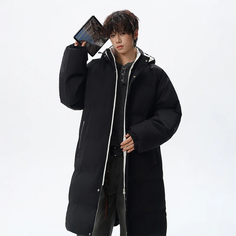 Winter New Fashion Men Solid Color Knee Length Casual Long Sleeve Parkas American Style Male Trendy Simple Basic Coats Clothes
