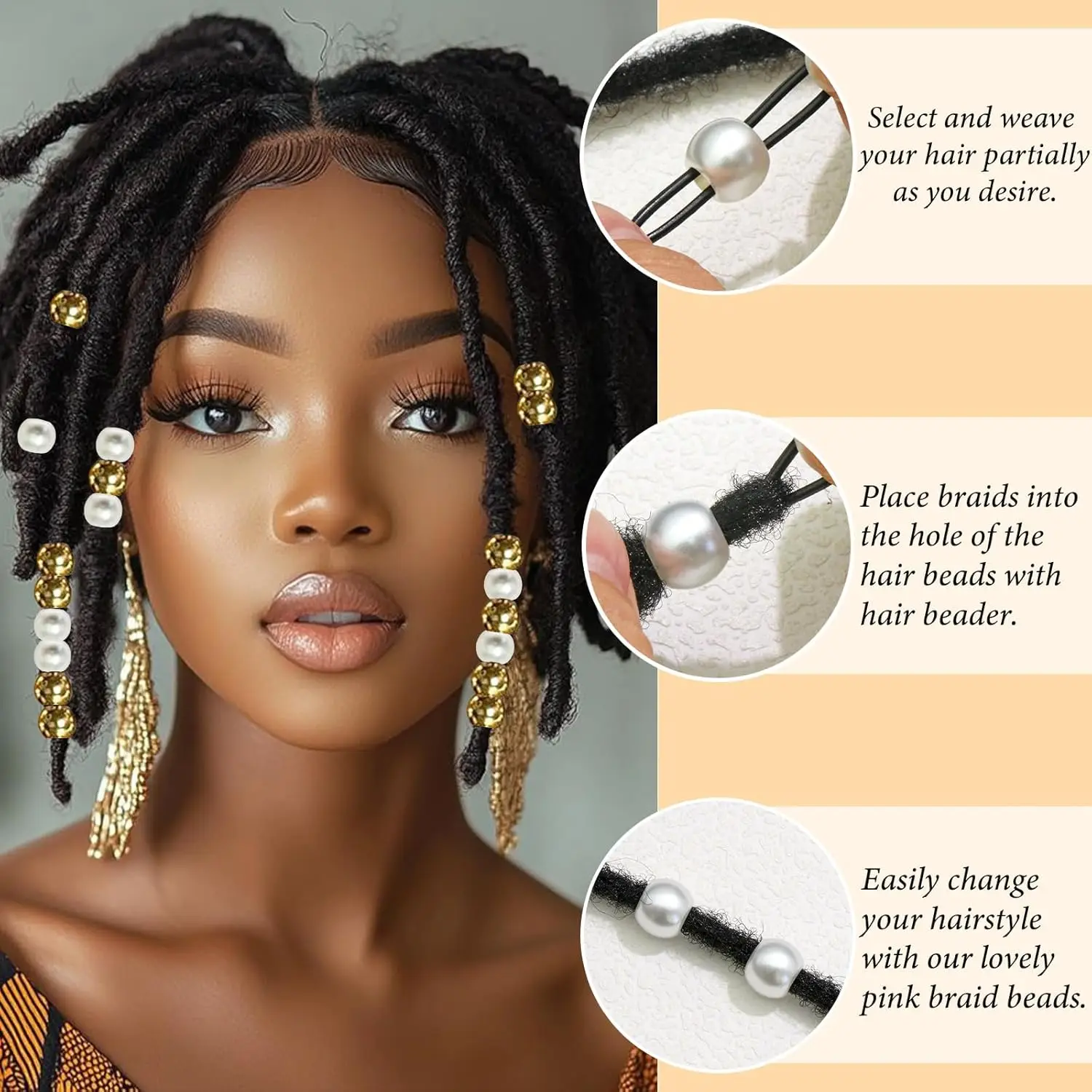 Perles de cheveux de couleur dorée, 50 pièces, perles blanches Loc brillantes, Dreadlock, accessoires de bijoux, décoration de cheveux pour femmes et filles