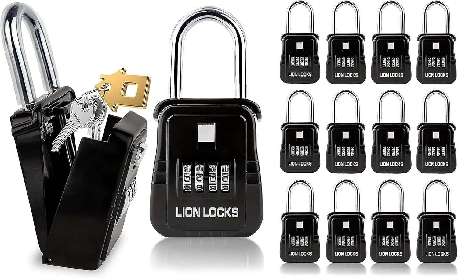 1500 Key Lock Box with Resettable Code, Heavy-Duty Outdoor Lockbox for Keys, Holds 5 Keys (12 Pack, Black)