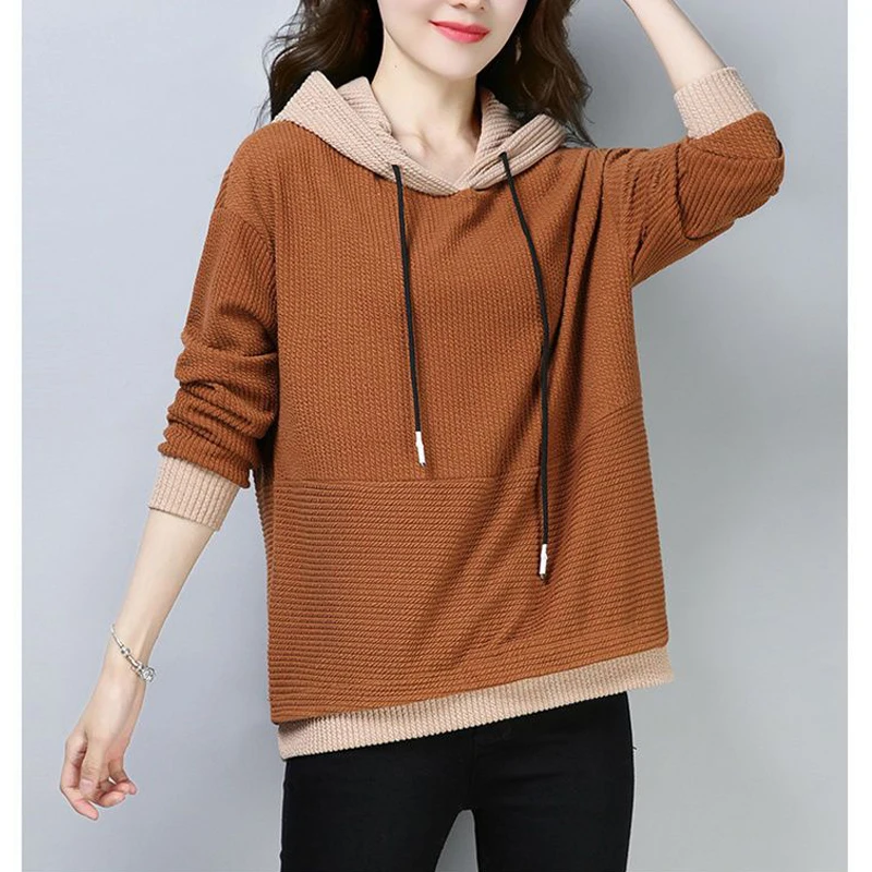 Women Contrast Color Casual Streetwear Oversize Hooded Sweatshirts Autumn Winter Female Y2K Long Sleeve Thick Drawstring Hoodies