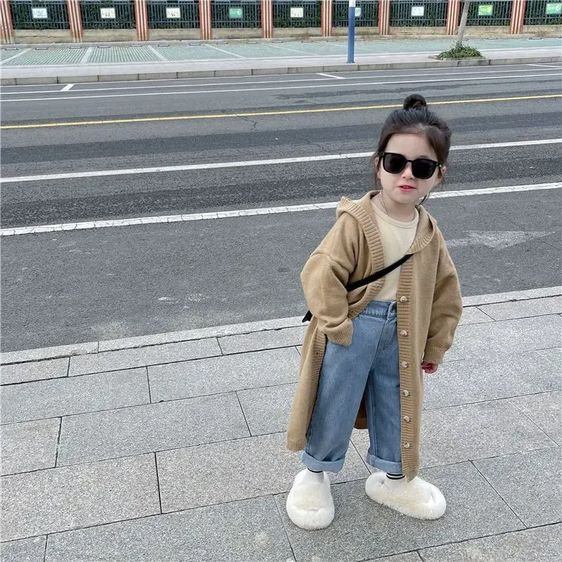 

2025 Spring Autumn Korean Style Cardigan for Girls, Long Sleeve Hooded Knit Sweater, Trendy Loungewear Children's Sweater Coat