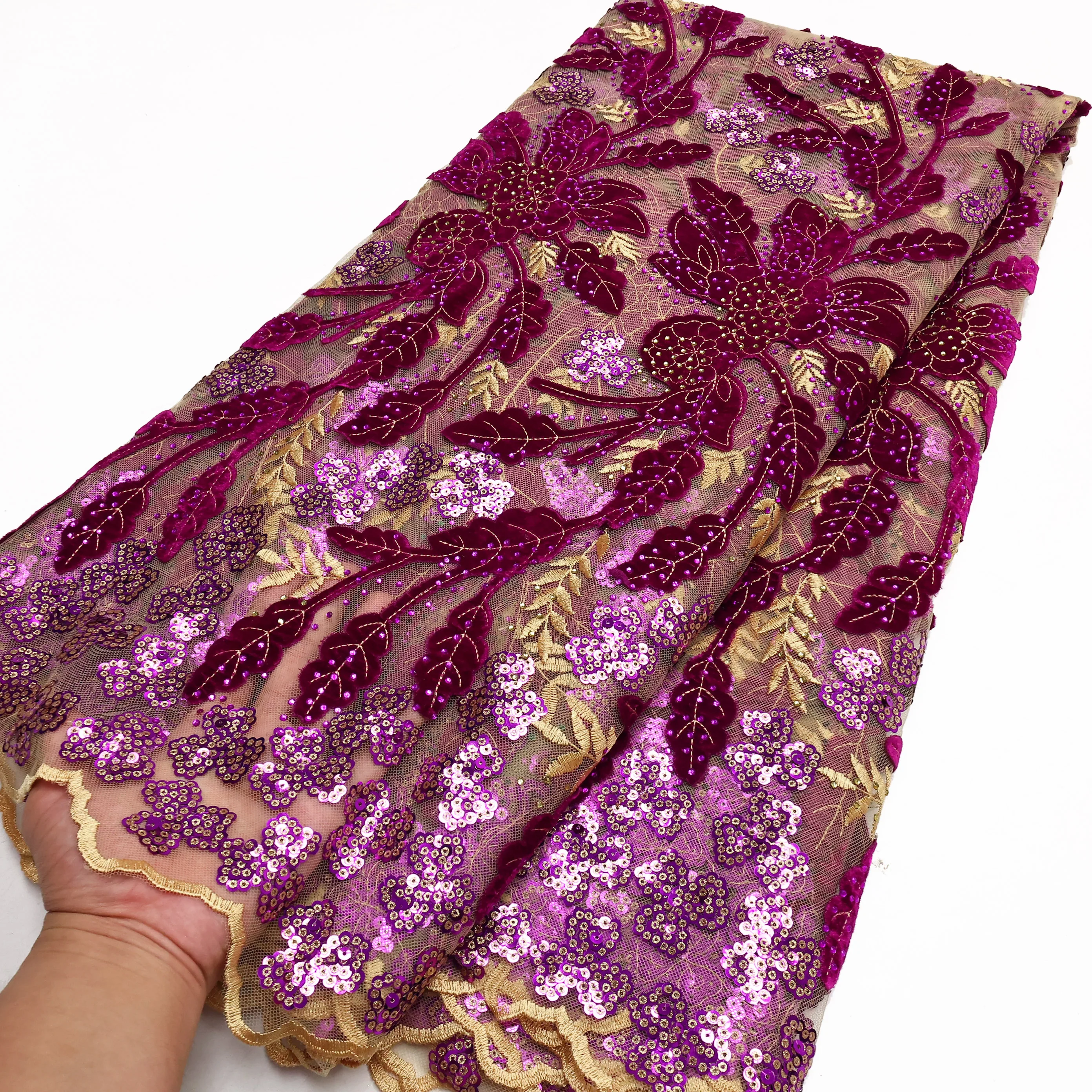 

African Sequined Velvet Lace Fabric French Lace High Quality Nigerian Velvet Lace Fabric for Women Wedding Party Dresses