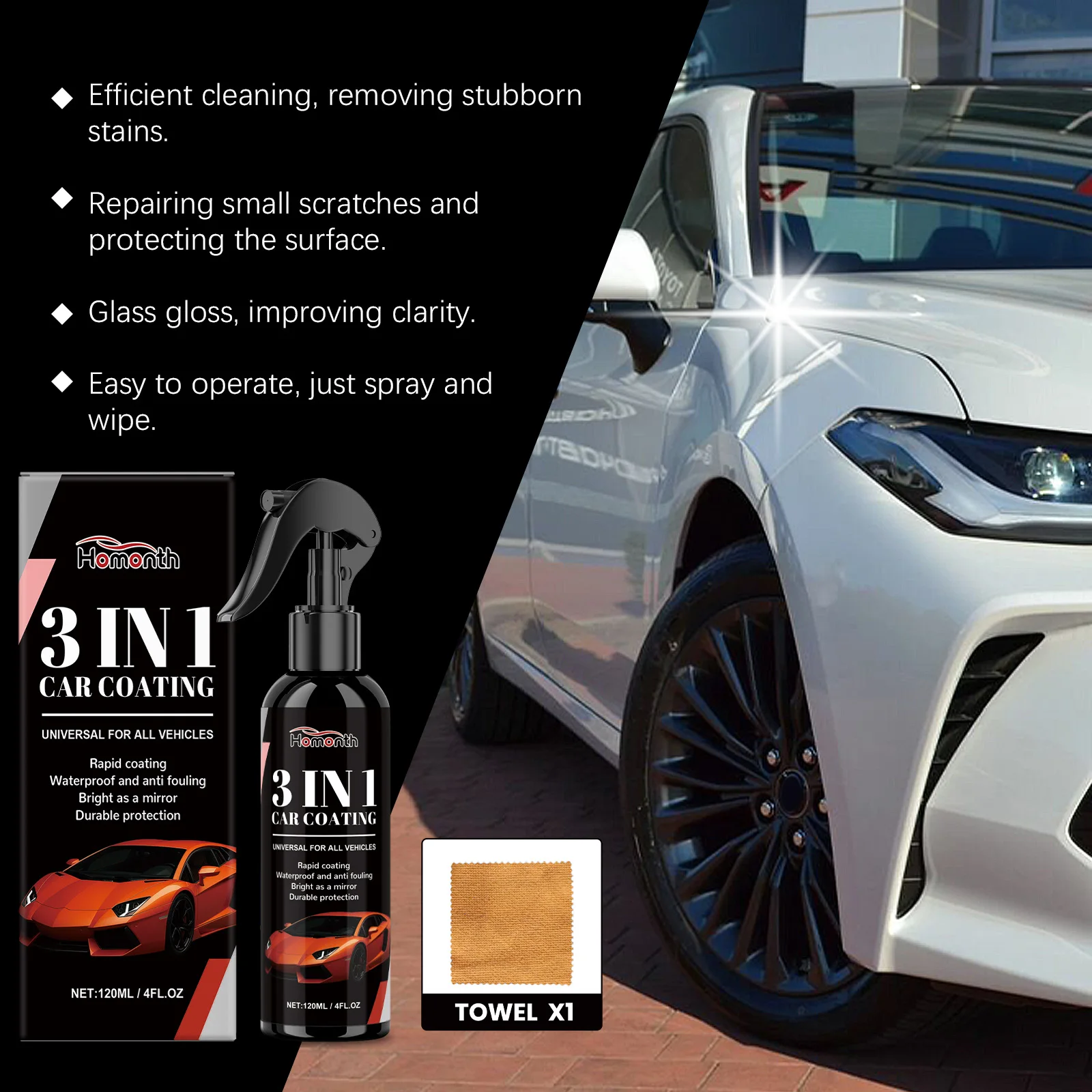 Spray de revêtement de voiture 3 en 1 - Solution de protection, de nettoyage et de polissage de la peinture