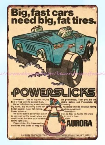 Arte de pared 1971 comic ad Powerslicks Race Car Track Sets, metal tin sign