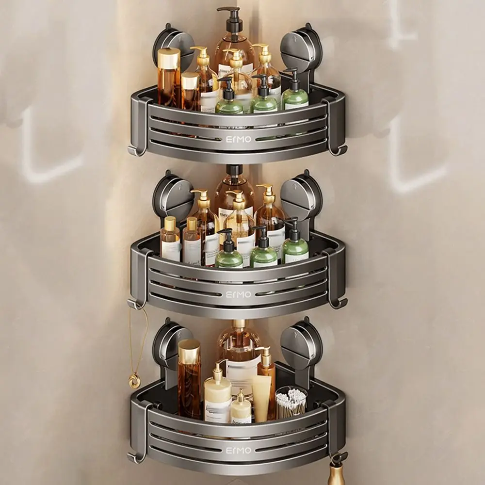 Wall Mounted Bathroom Corner Shelf Rust-resistant No-drill Toilet Storage Rack with Hook Easy Install Triangle Storage Shelf