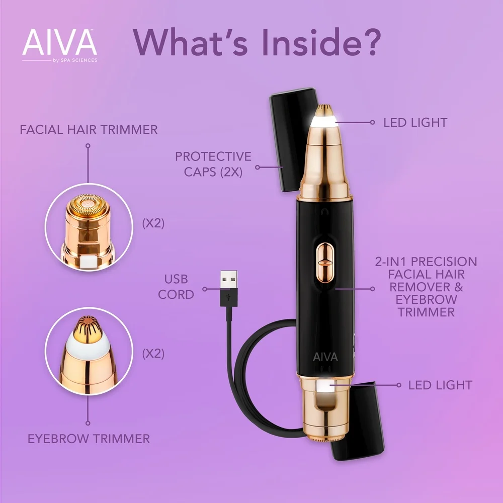 جهاز إزالة شعر الوجه 2 في 1، ماكينة تشذيب الحواجب، جهاز إزالة الشعر بإضاءة LED قابل لإعادة الشحن عبر USB مع أطراف مطلية بالذهب
